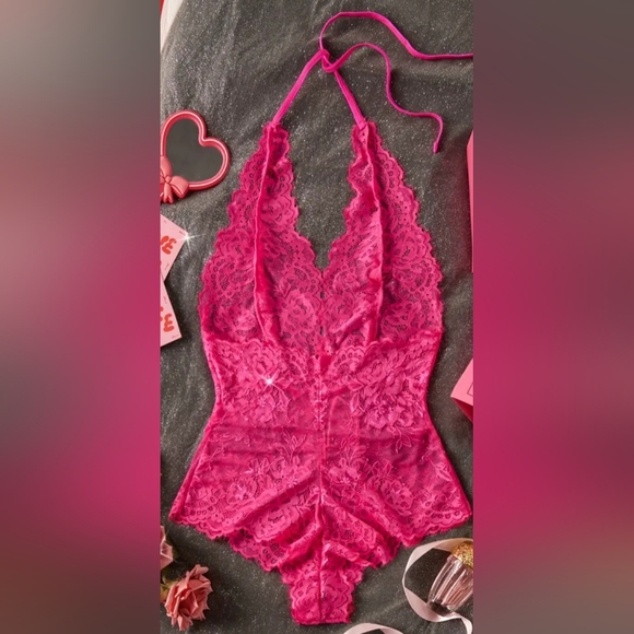 2/$40 Barbiecore Sexy Sheer Lace Meangirls Pink Halter Bodysuit-(#1,418) - Picture 2 of 7